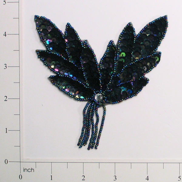 Designer Fringed Leaf Sequin Applique/Patch - Black Aurora Borealis Sequin & Beaded Appliques