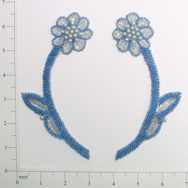 Stemmed Flower Beaded Sequin Applique/Patch Pack of 2 Light Blue Sequin & Beaded Appliques
