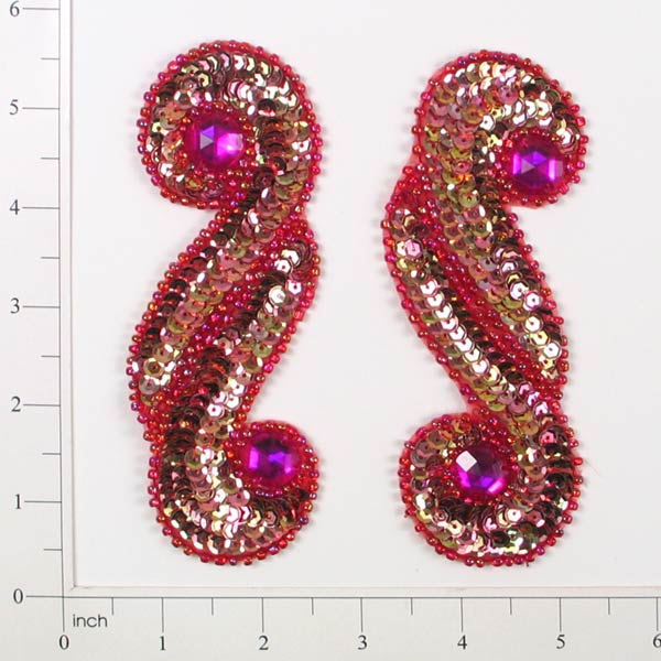 Scroll Sequin Applique Pack of 2 - Red Sequin & Beaded Appliques