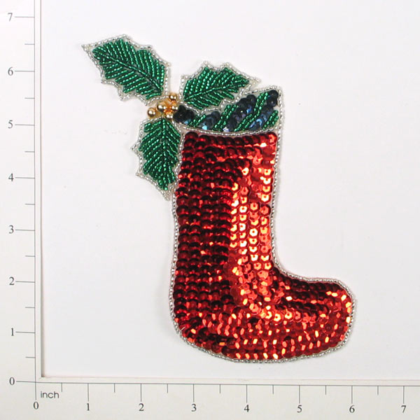 Stocking with Holly Sequin Applique/Patch - Red Multi Sequin & Beaded Appliques