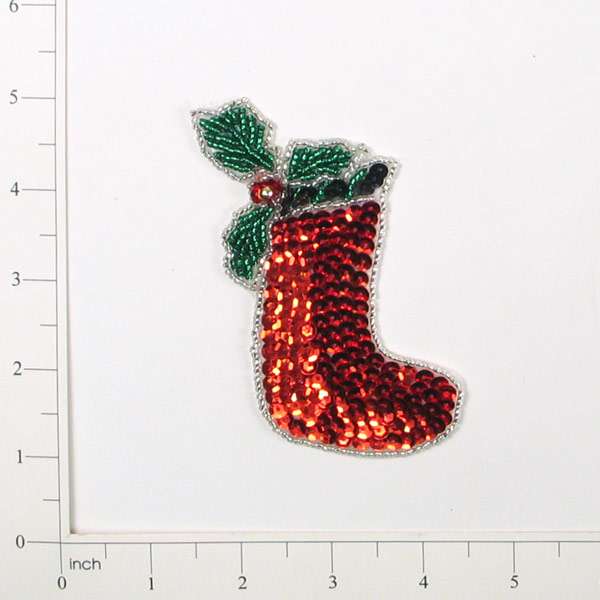 Stocking with Holly Sequin Applique/Patch - Red Multi Sequin & Beaded Appliques