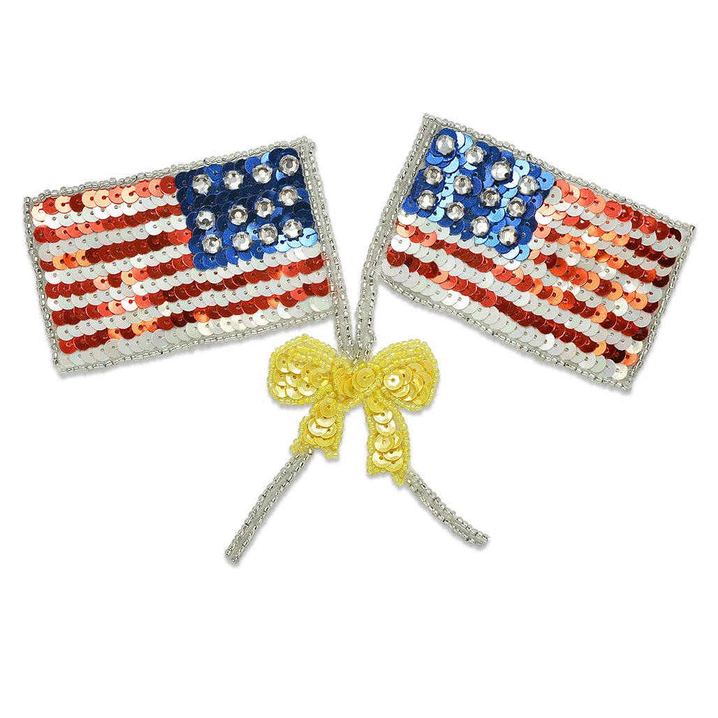 Double USA Flags with Gold Bow Sequin Applique/Patch - Red White and Blue Sequin & Beaded Appliques