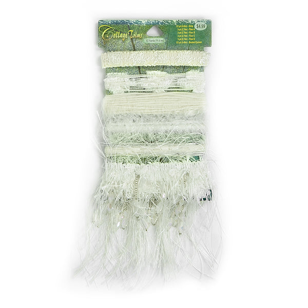 Collage Trim Assortment White Eyelash, Hairy Gimp, Fiber Trims & Fringes