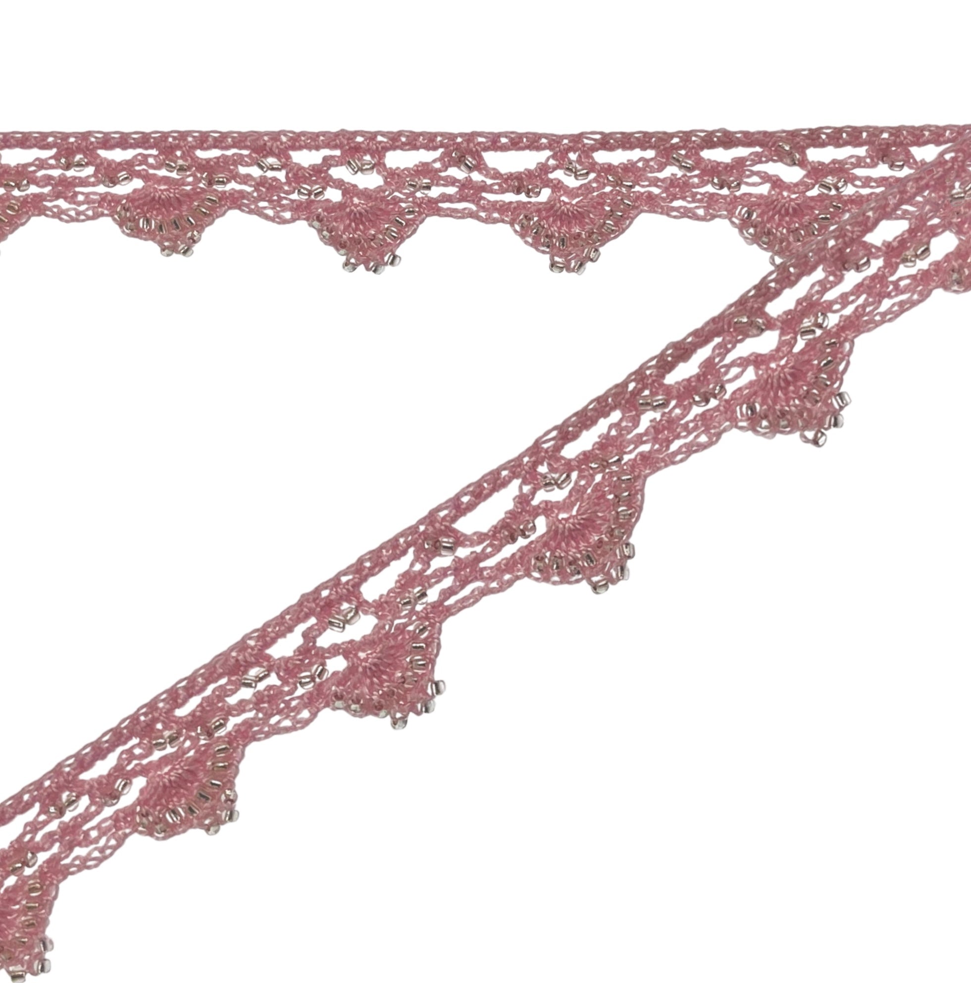 Grace Crochet Beaded Trim - 3/4 inch wide x 18 inches Pink Trims & Fringes