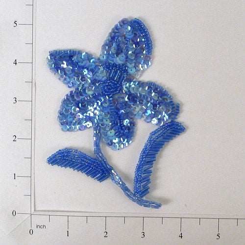 5" x 3 1/2" Flower Sequin Applique Blue Sequin & Beaded Appliques