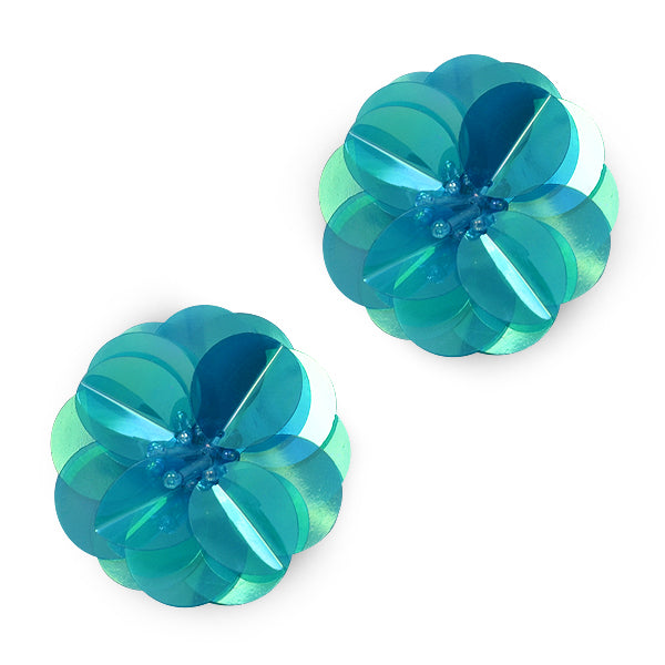 Cluster Flower Sequin Applique/Patch 2 Pack 1 1/2" Turquoise Sequin & Beaded Appliques