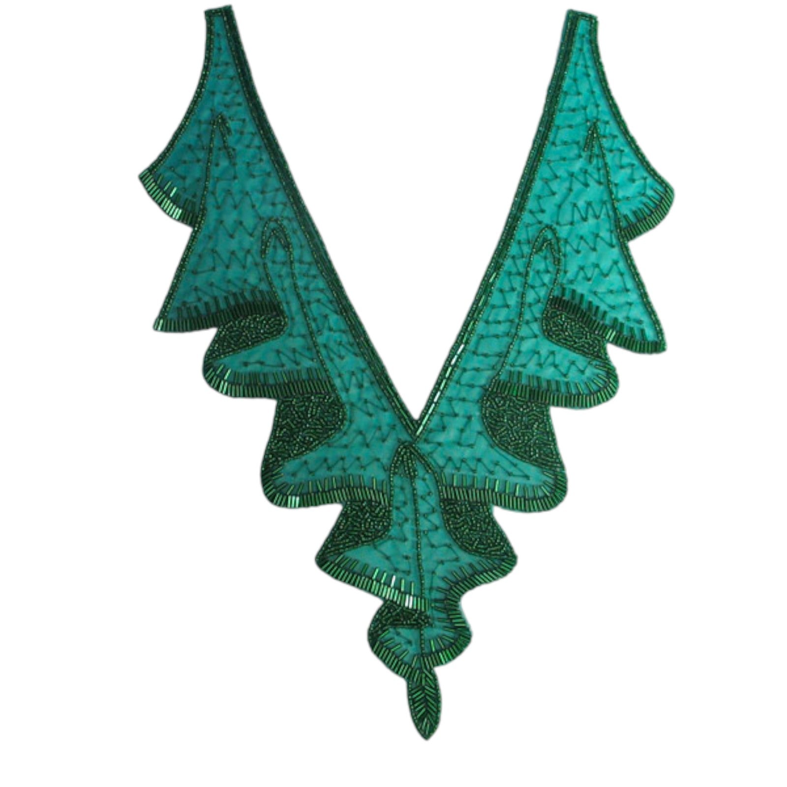 Designer Drape Collar Applique 15 1/2" x 11" - Green Sequin & Beaded Appliques