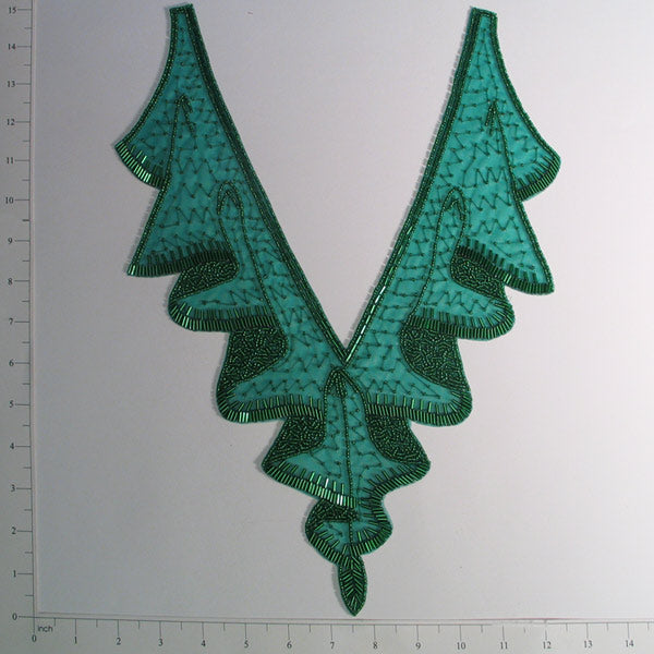Designer Drape Collar Applique 15 1/2" x 11" - Green Sequin & Beaded Appliques