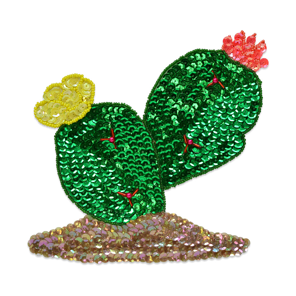 Flower Cactus Sequin Applique/Patch - Green Multi Sequin & Beaded Appliques