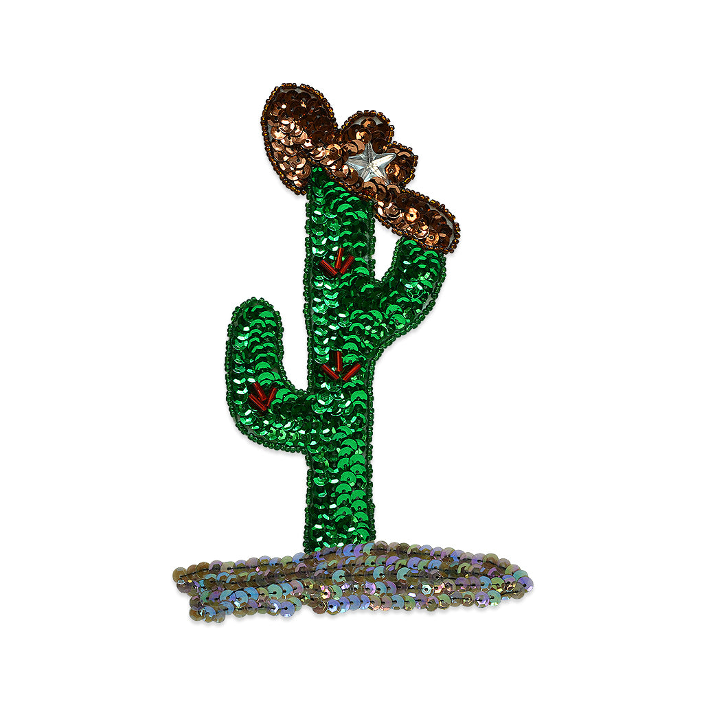 6 3/4" x 4 1/2" Cactus with Hat Sequin Applique/Patch - Multi Colors Appliques