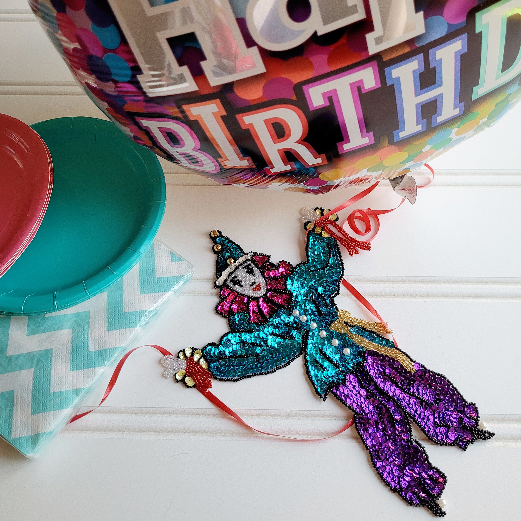 10" x 7 1/4" Mardi Gras Juggler Sequin Applique/Patch - Multi Colors Sequin & Beaded Appliques