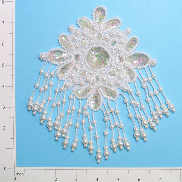 7 1/2" x 5 1/4" Starburst Sequin Applique/Patch White Aurora Borealis Sequin & Beaded Appliques