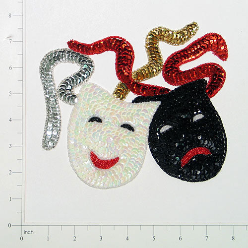 Mardi Gras Drama Masks Beaded Sequin Applique/Patch 7 1/4" x 5 3/4 - Multi Colors Sequin & Beaded Appliques