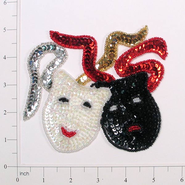 Mardi Gras Drama Masks Beaded Sequin Applique/Patch 5" x 4 1/4" - Multi Colors Sequin & Beaded Appliques