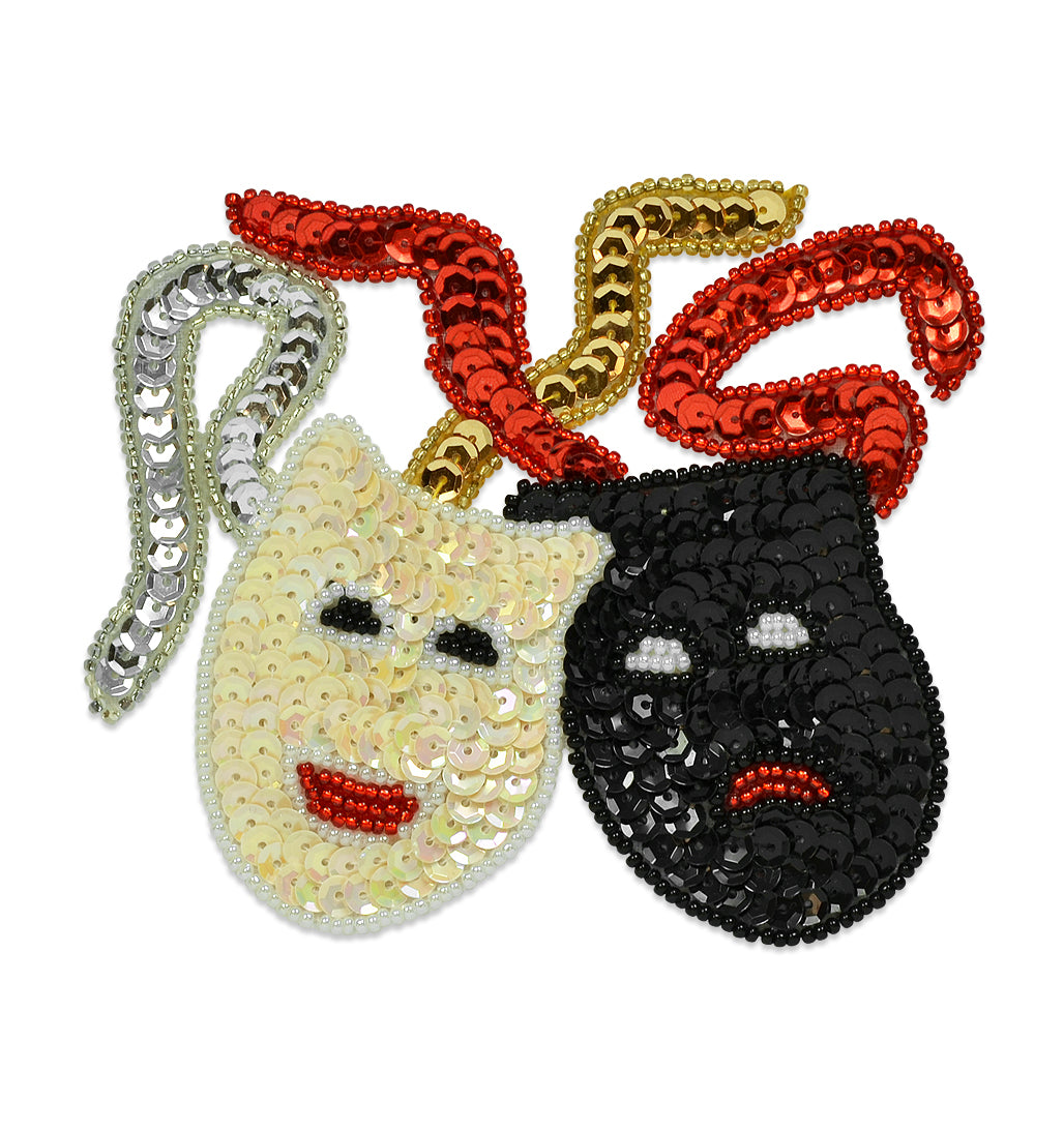 Mardi Gras Drama Masks Beaded Sequin Applique/Patch 4 1/4" x 3 1/2" - Multi Colors Sequin & Beaded Appliques