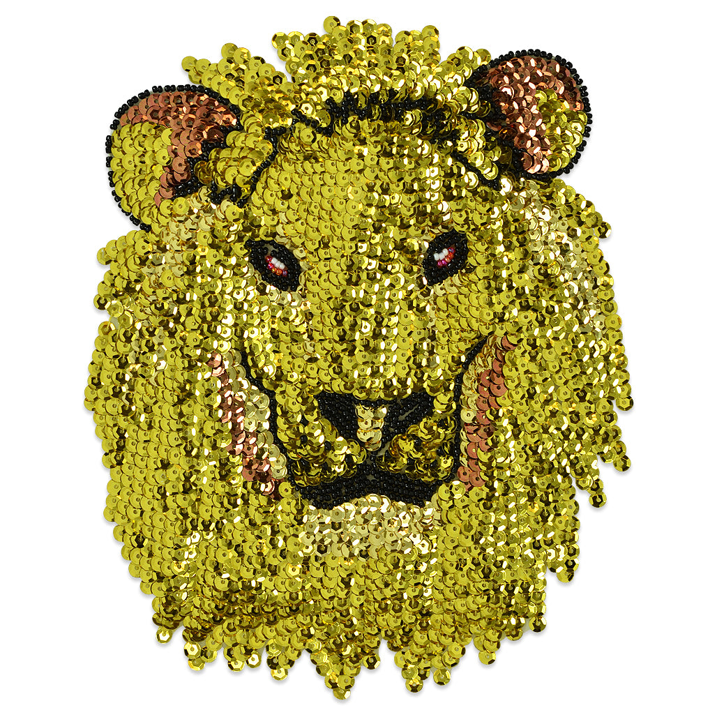 Lion Head Sequin Applique/Patch 7 1/2" x 6 1/4" - Gold Sequin & Beaded Appliques