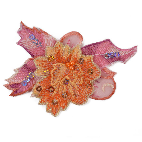 Embroidered Flower Fashion Applique/Patch - Rust Multi Sequin & Beaded Appliques
