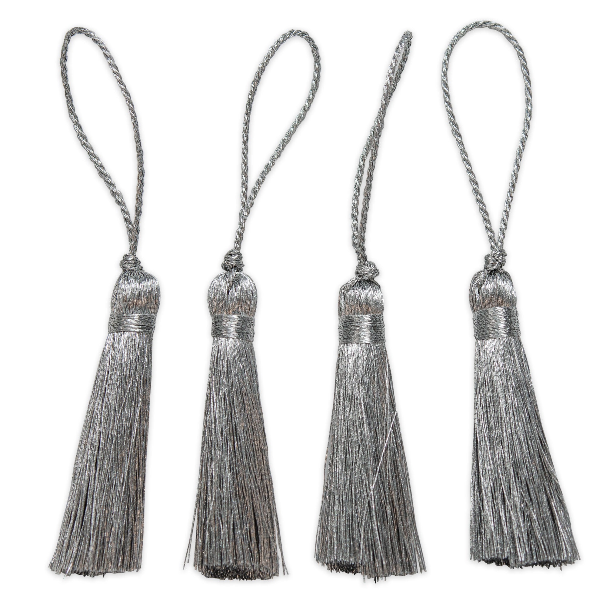 2in Fiber Mini Key Tassel Pack of 4. Metallic Silver Tassels and Tiebacks