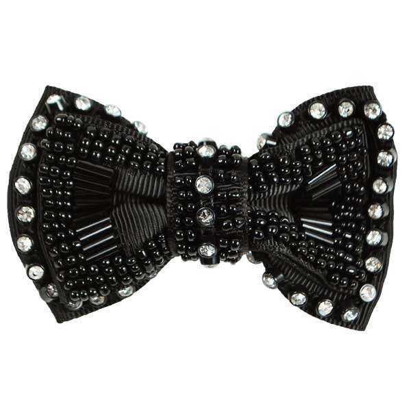 Beaded Bow Rhinestone Brooch - Black Accessories