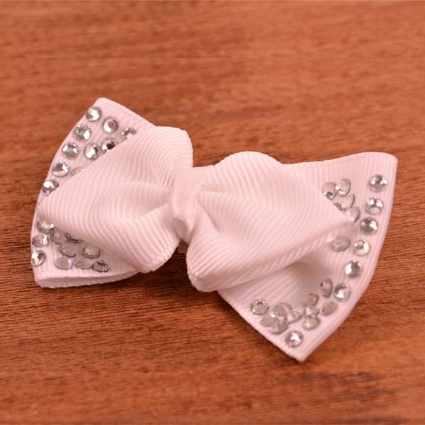 Suzie Fabric Bow with Rhinestone Brooch 2 1/2" x 1 3/8" White Accessories