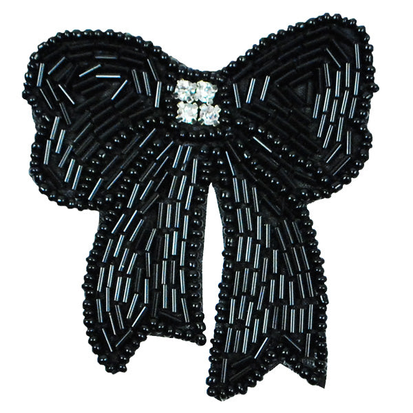 Beaded Bow with Rhinestone Center Applique/Patch Black Sequin & Beaded Appliques