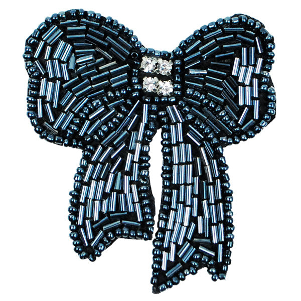 Beaded Bow with Rhinestone Center Applique/Patch Gunmetal Sequin & Beaded Appliques