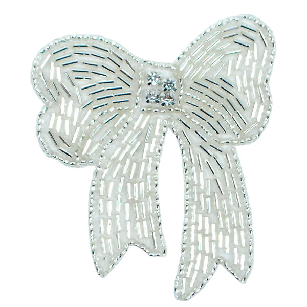 Beaded Bow with Rhinestone Center Applique/Patch Silver Sequin & Beaded Appliques