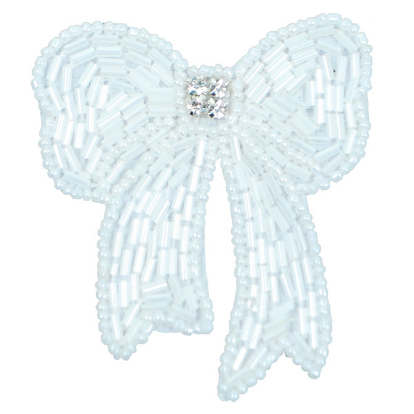 Beaded Bow with Rhinestone Center Applique/Patch White Sequin & Beaded Appliques