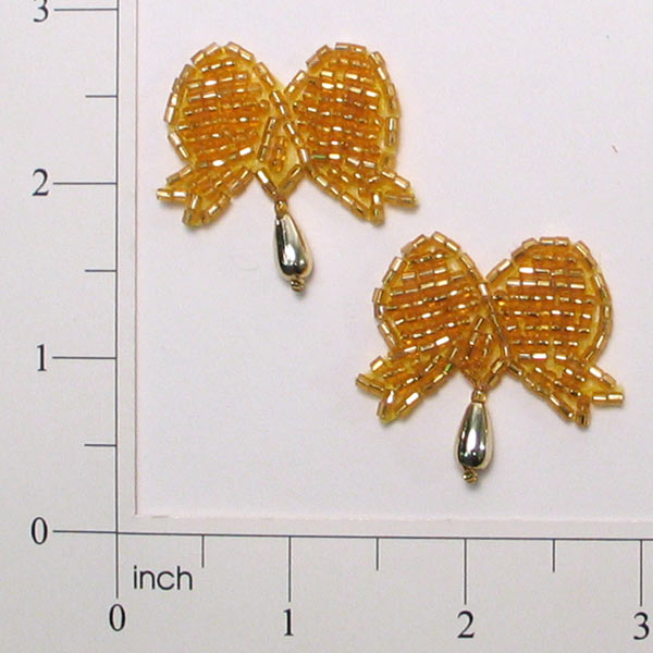 Bow with Drop Beaded Applique/Patch Pack of 2 - Gold Sequin & Beaded Appliques