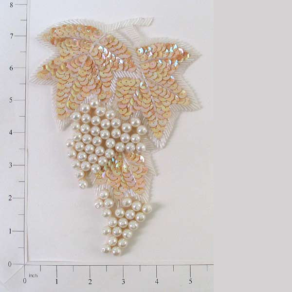 Grape Cluster Sequin Applique/Patch 7 1/4" x 5 1/4" Beige White Sequin & Beaded Appliques