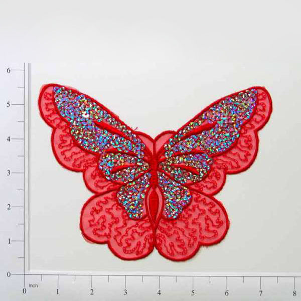 Iron-On Butterfly Sequin Applique/Patch Red Sequin & Beaded Appliques