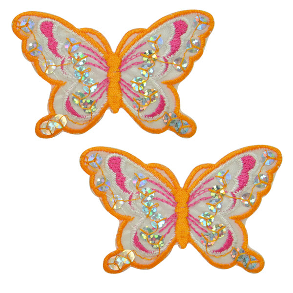 Iron-On Butterfly Sequin Applique/Patch Pack of 2 Orange Multi Appliques