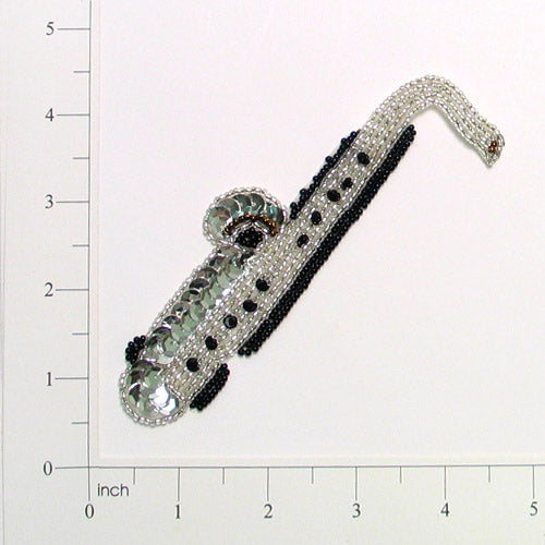 Saxophone Bead and Sequin Applique/Patch Black Silver Sequin & Beaded Appliques