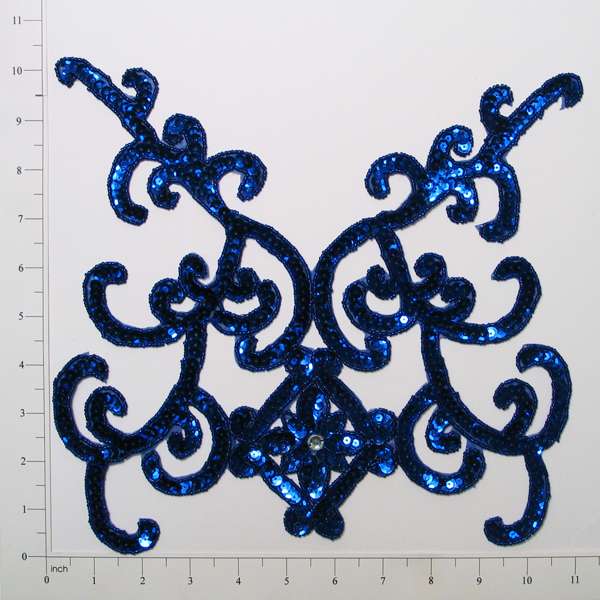 Flower On Vine Sequin Applique/Patch 12" x 10" Royal Blue Sequin & Beaded Appliques