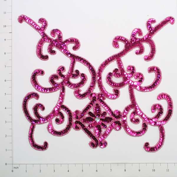 Flower On Vine Sequin Applique/Patch 12" x 10" Fuchsia Sequin & Beaded Appliques