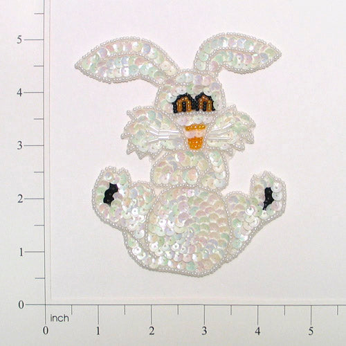 4 1/2" x 3 3/4" Bunny Rabbit Sequin Applique/Patch - White Aurora Borealis Appliques