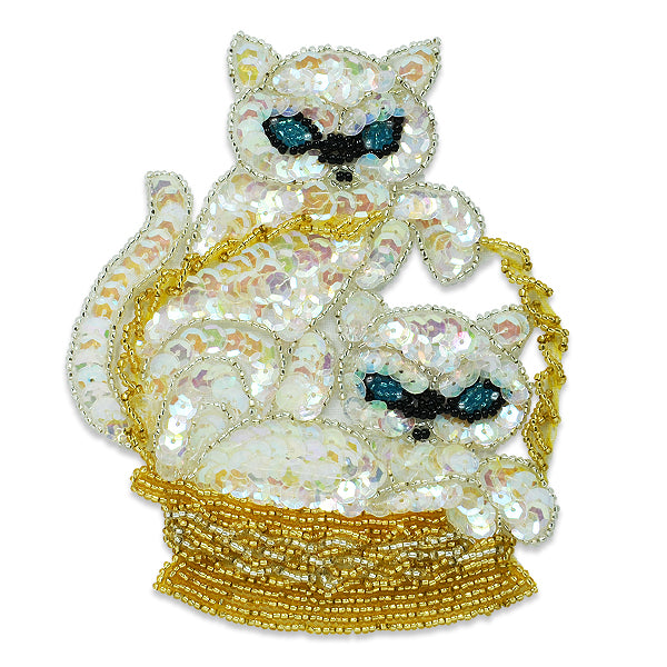 Kittens In Basket Beaded Sequin Applique/Patch - Multi Colors Sequin & Beaded Appliques