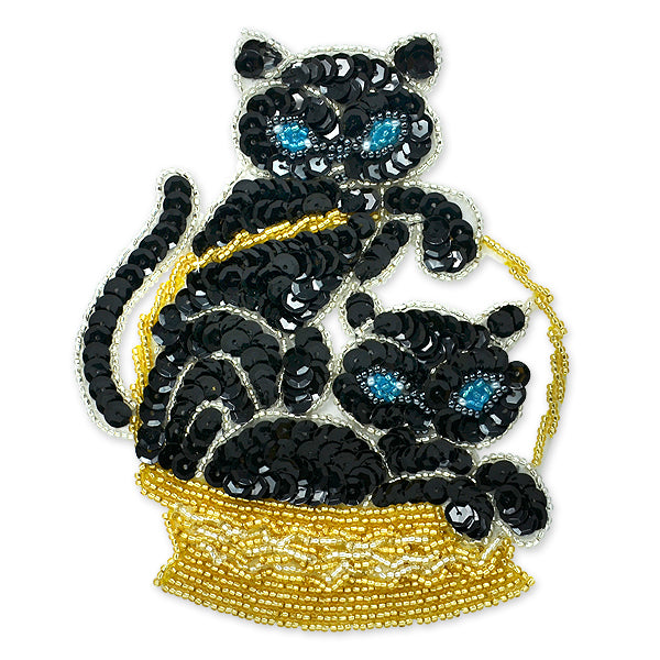 Kittens in Basket Sequin Applique/Patch - Black Sequin & Beaded Appliques