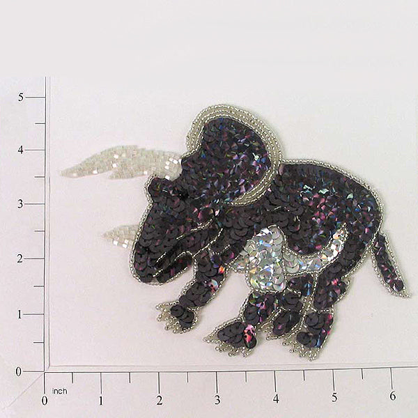 6 1/2" x 4 1/4" Troy Triceratop Sequin Applique/Patch - Black Appliques