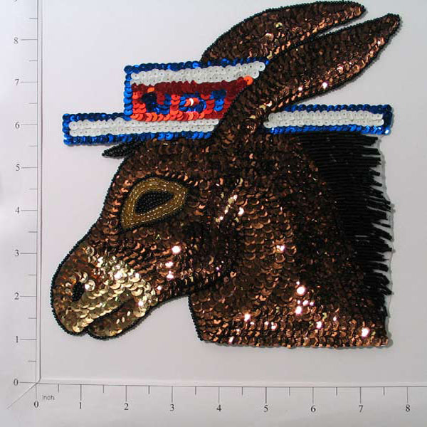 7 1/2" x 7 1/4" Americana Donkey Sequin Applique/Patch - Multi Colors Sequin & Beaded Appliques