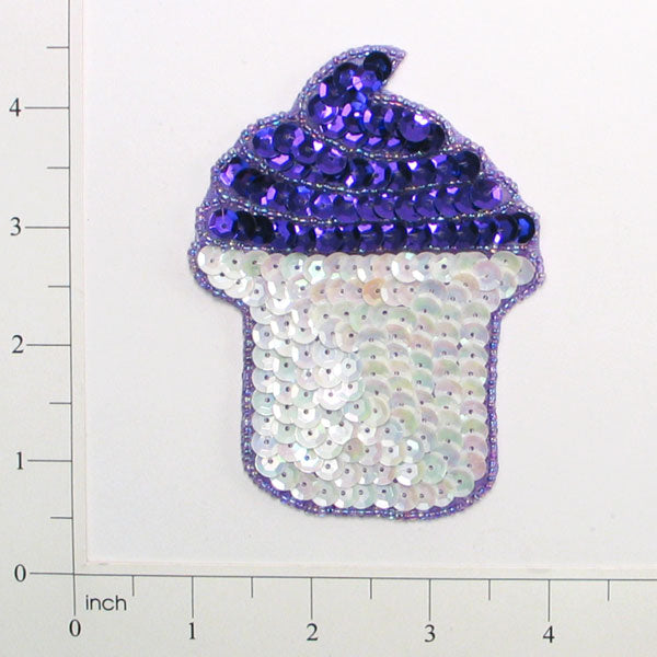 Cup of Ice Cream Sequin Applique/Patch - Purple/ White Sequin & Beaded Appliques