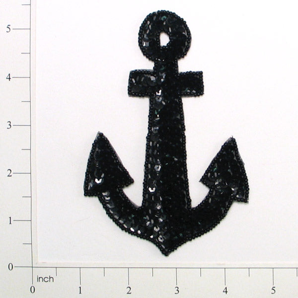 4 3/4" x 3 1/4" Anchor Sequin Applique/Patch Black Sequin & Beaded Appliques