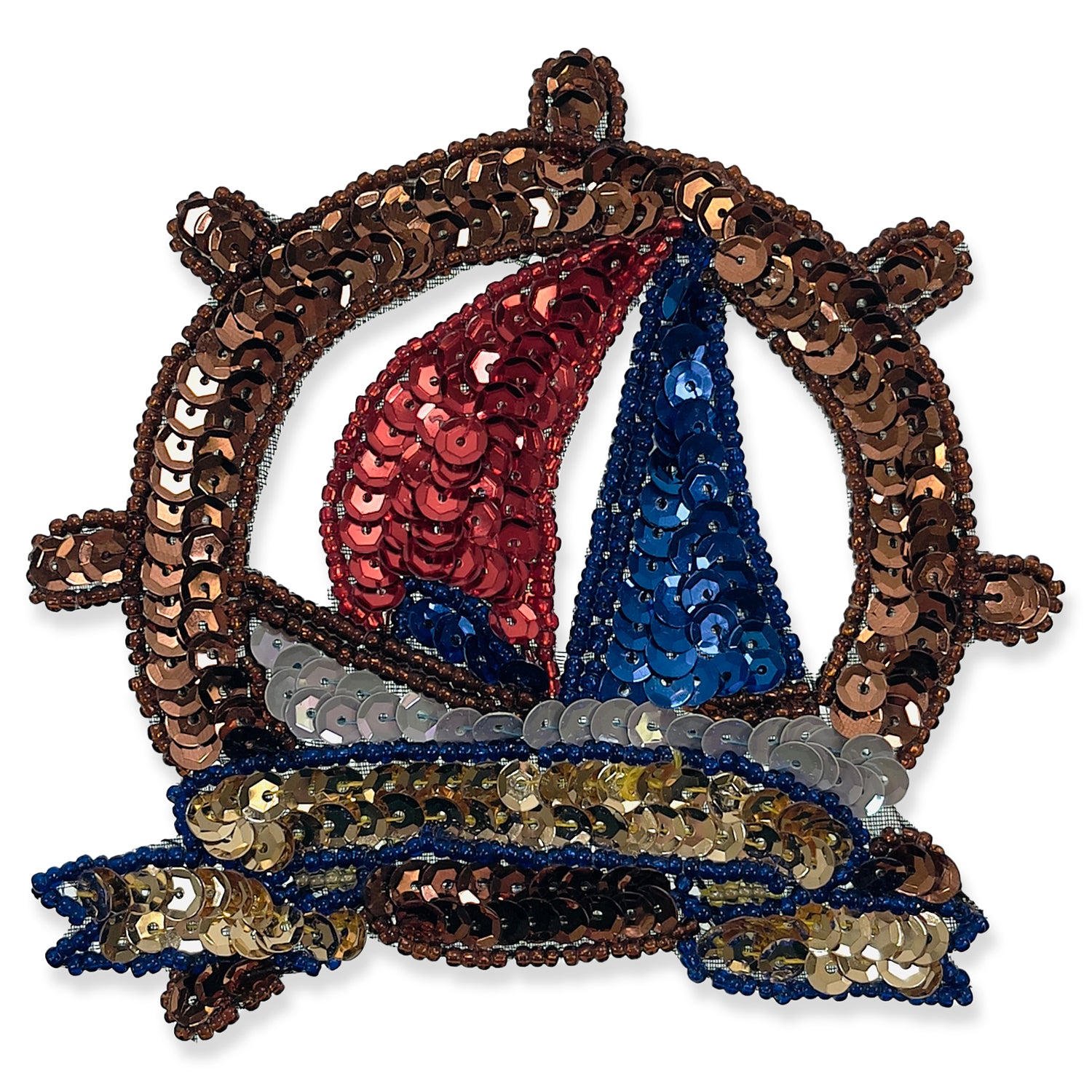 Captains Wheel with Sailboat Sequin Applique - Multi Colors Sequin & Beaded Appliques