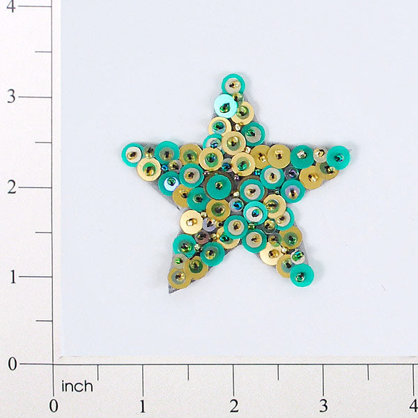 2 1/4" x 2 1/4" Star Bead and Sequin Applique/Patch Green Multi Sequin & Beaded Appliques