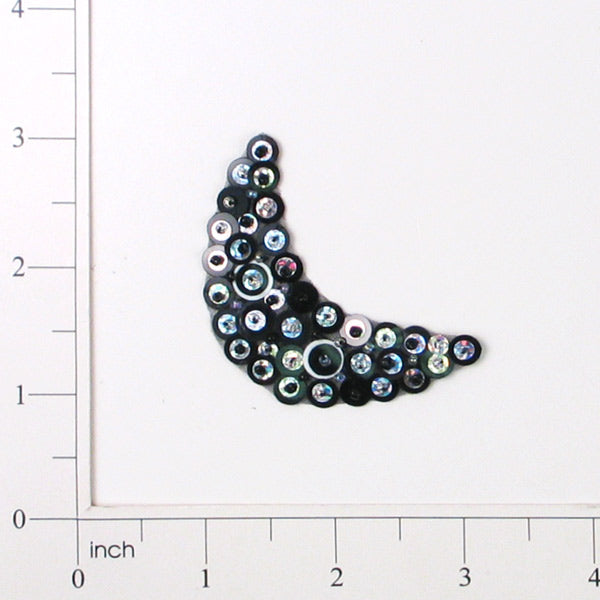 2 1/2" x 7/8" Half Moon Bead and Sequin Applique/Patch Black Silver Sequin & Beaded Appliques