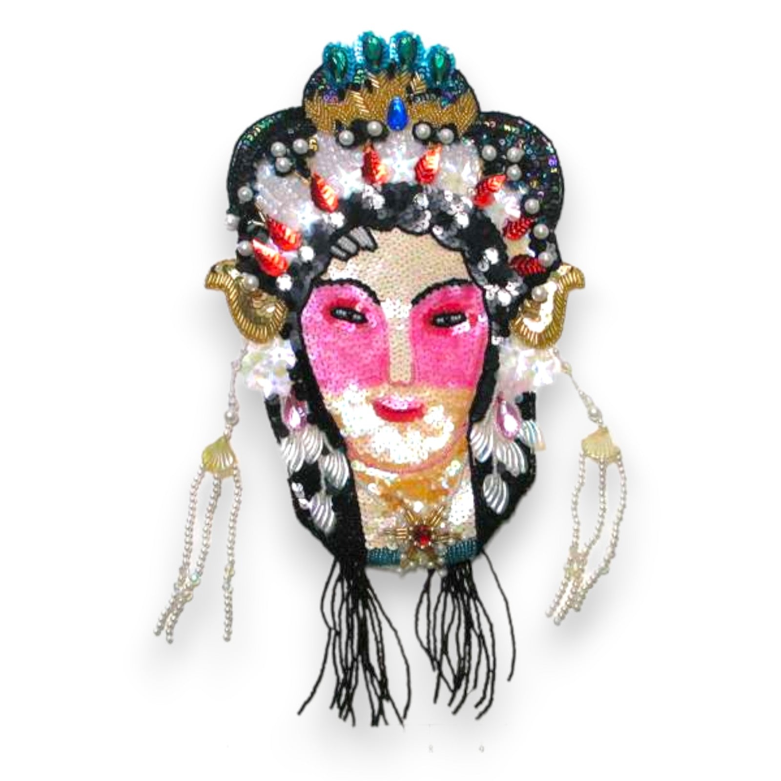 Oriental Lady Face Sequin Applique/Patch 14 3/4" x 7 3/4" - Multi Colors Sequin & Beaded Appliques