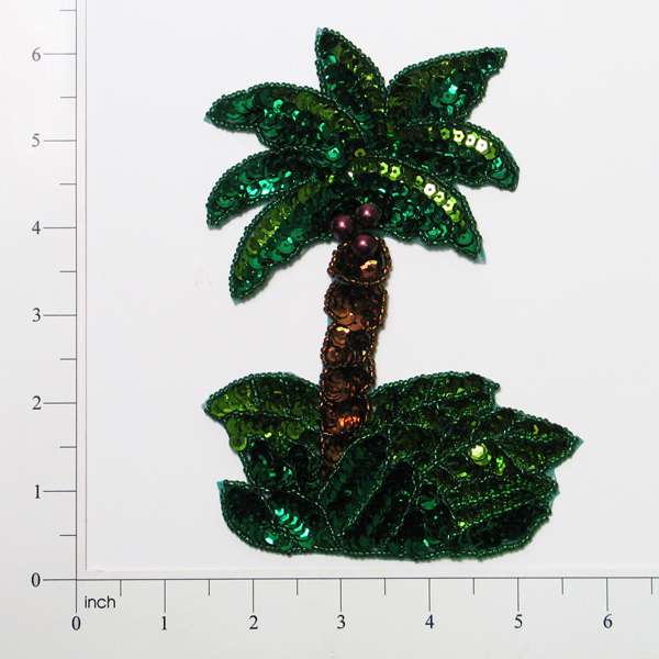 6 1/4" x 4" Single Palm Tree Sequin Applique/Patch - Green Multi Sequin & Beaded Appliques