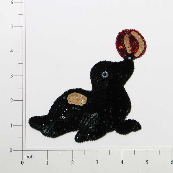 Seal with Ball Sequin Applique/Patch 4 1/2" x 4" - Black Multi Sequin & Beaded Appliques