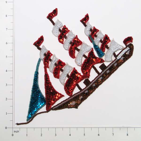Galleon Ship Sequin Applique/Patch 10" x 6 1/4" - Multi Colors Sequin & Beaded Appliques