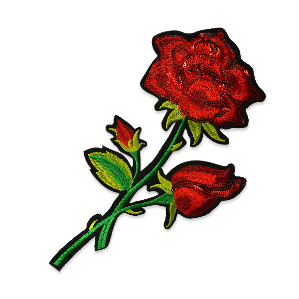 Darlene Sequin Iron-on Embroidered Rose Applique/Patch - Red/Green Iron-on Embroidered Appliques